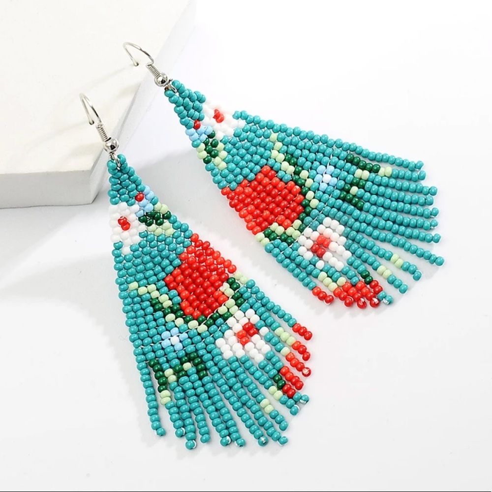 Turquoise Floral Seed Bead Tassel Loom Woven Beaded Fringe Earrings